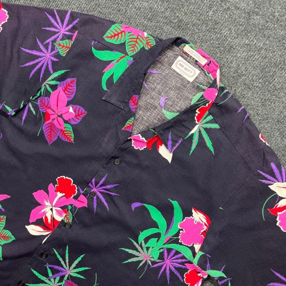 Mr. Witt Vintage Floral Hawaiian Shirt Mens Large Navy Pink Cotton Made in USA